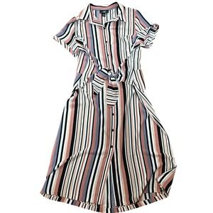 AGB Dress Striped Pink Black White Gray Button Front Tie Waist Midi